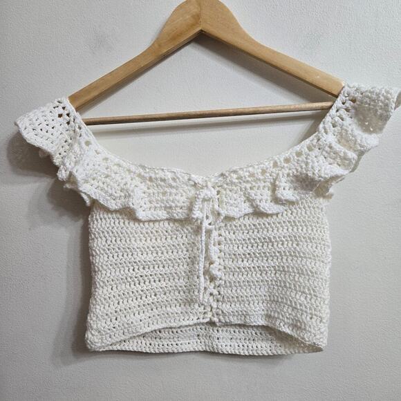 Women Crochet Off-Shoulder Crop Top M/L Cream Ruffle Corset Cottage Boho Peasant - Picture 3 of 8